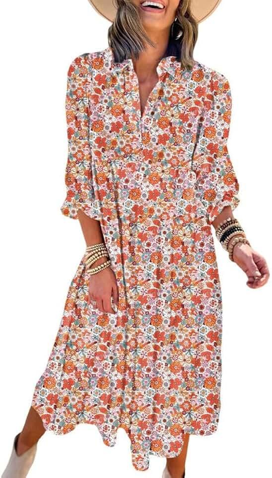 Women's Casual Loose Bohemian Floral Dresses 2024 Long Puff Sleeve V Neck Ruffle A Line Flowy Summer Beach Dress