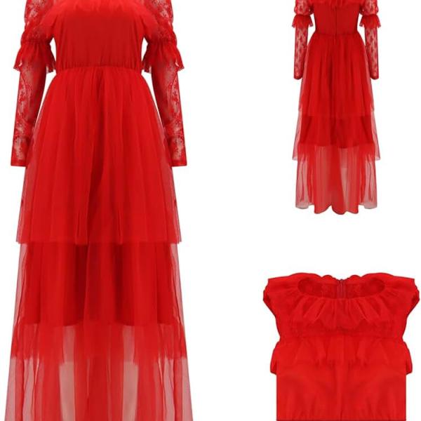 Lydia Deetz Costume Red Wedding Dress 80s Prom Tulle Dress For Women Dead Bride Halloween Gothic