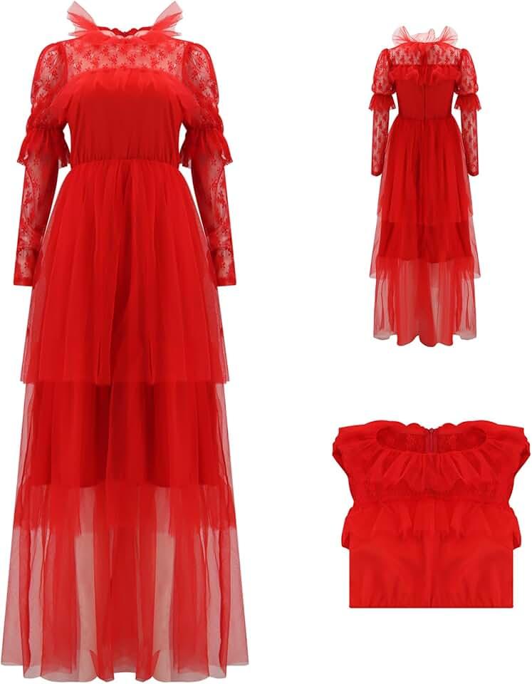 Lydia Deetz Costume Red Wedding Dress 80s Prom Tulle Dress For Women Dead Bride Halloween Gothic