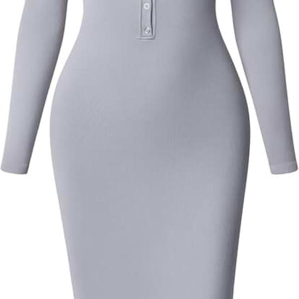 OQQ Women's Long Sleeve Maxi Dress Ribbed Back Slit Button Down Bodycon Soft Going Out Elegant Party Dresses