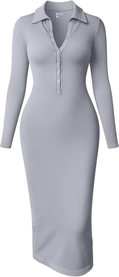 OQQ Women's Long Sleeve Maxi Dress Ribbed Back Slit Button Down Bodycon Soft Going Out Elegant Party Dresses