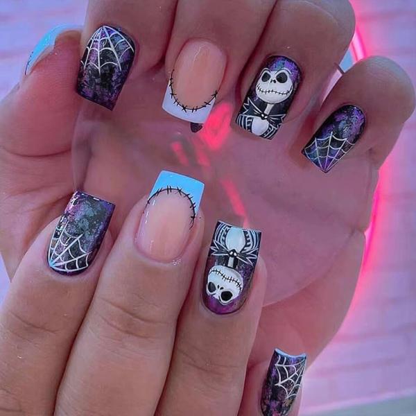 Halloween Press on Nails Medium Square Fake Nails with Ghost Spider Web Designs Glue on Nails Full