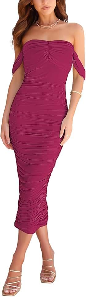 Women's Off Shoulder Ruched Bodycon Midi Dresses Short Sleeve Elegant Cocktail Party Tube Dress