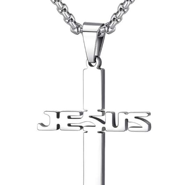 REVEMCN Stainless Steel Jesus Cross Pendant Necklace for Men Women 20-24 Inches Rolo Chain