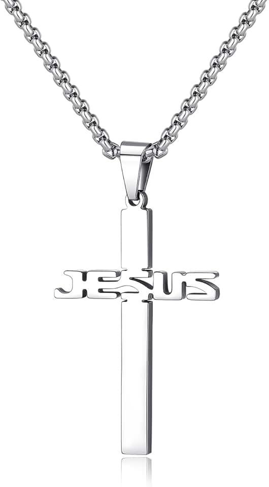 REVEMCN Stainless Steel Jesus Cross Pendant Necklace for Men Women 20-24 Inches Rolo Chain