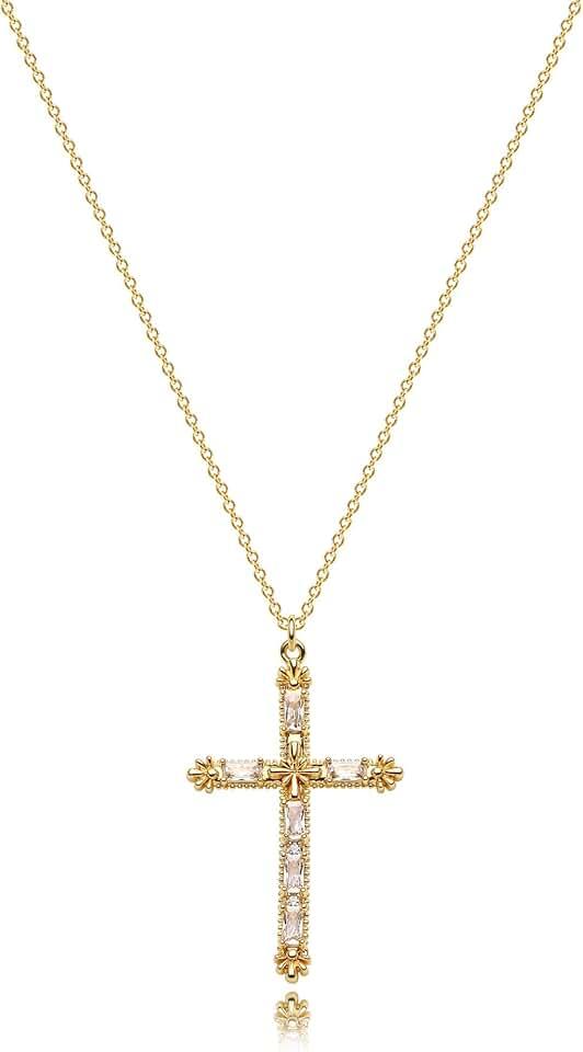 Dremmy Studios Cross Pendant Necklace for Women 14K Gold Plated Cubic Zirconia Evil Eye Butterfly