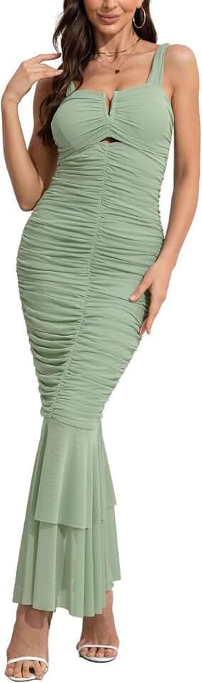 Womens Strenchy Ruched Bodycon Cocktail Party Dress Maxi Mermaid Corset Dress Evening Gown