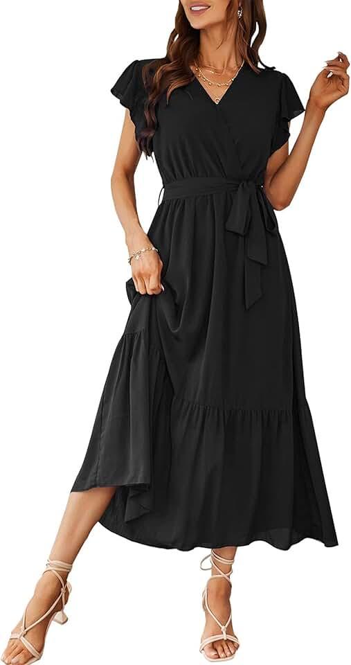 Women's 2024 Floral Boho Dress Wrap V Neck Short Sleeve Belted Ruffle Hem A-Line Flowy Maxi Dresses