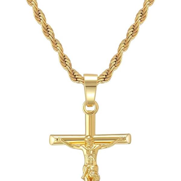 HELLOICE Crucifix Cross Necklace 18K Gold Plated Cross Pendant with 3mm 22" Rope Chain for Men Women