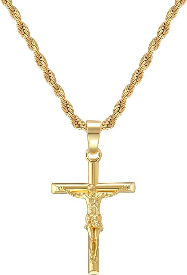 HELLOICE Crucifix Cross Necklace 18K Gold Plated Cross Pendant with 3mm 22" Rope Chain for Men Women