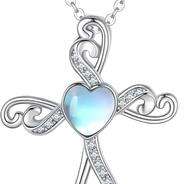 Cross Necklace Pendant 925 Sterling Silver Religious Necklace for Women Moonstone/Turquoise Cross