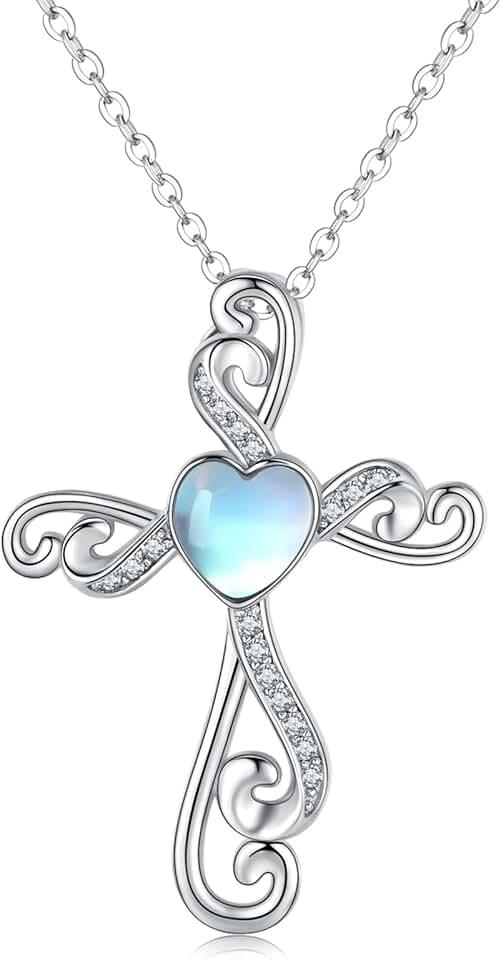 Cross Necklace Pendant 925 Sterling Silver Religious Necklace for Women Moonstone/Turquoise Cross