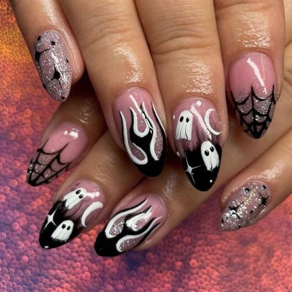 Halloween Press on Nails Medium Almond Fake Nails Black French Flase Nails with Designs Spider Web