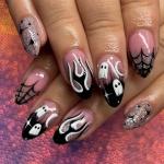 Halloween Press on Nails Medium Almond Fake Nails Black French Flase Nails with Designs Spider Web