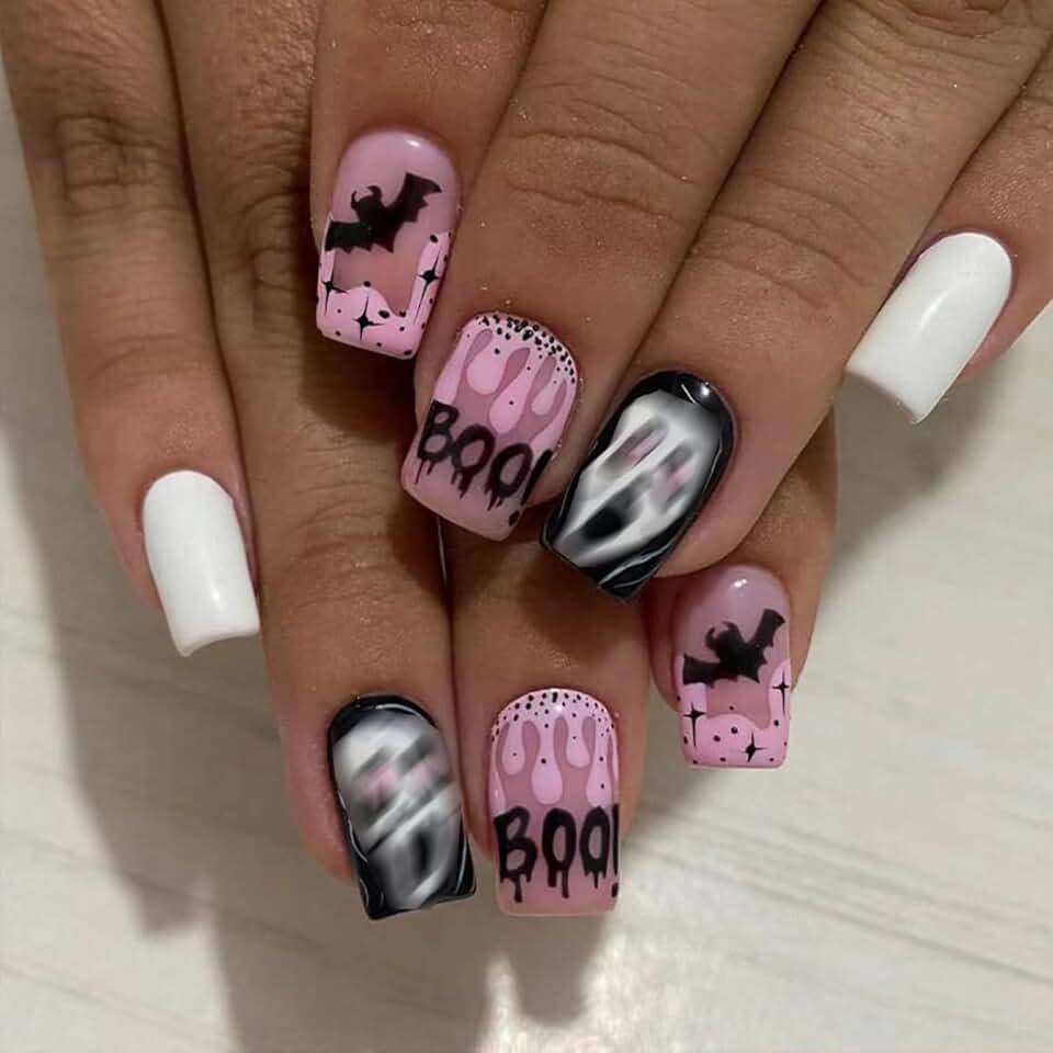 Halloween Press on Nails Medium Square Fake Nails with Glue Horror Ghost Face Glue on Nails Pink