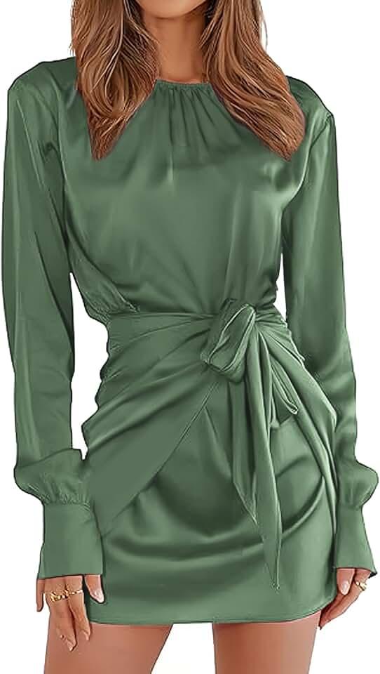 Women's Satin Tie Waist Mini Dresses - Long Sleeve Solid Party Short Dresses