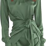 Women's Satin Tie Waist Mini Dresses - Long Sleeve Solid Party Short Dresses