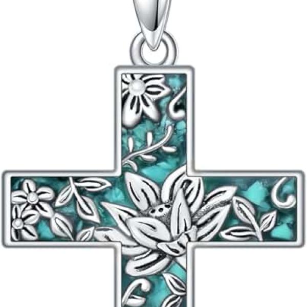 Turquoise Cross Necklace for Women 925 Sterling Silver 12 Month Birth Flower Cross Pendant