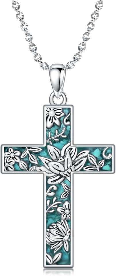 Turquoise Cross Necklace for Women 925 Sterling Silver 12 Month Birth Flower Cross Pendant