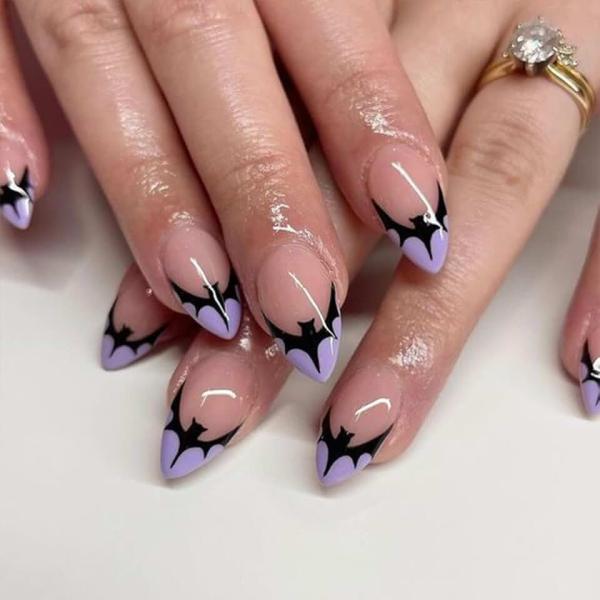 Halloween Bat Press on Nails Almond Shaped Halloween Fake Nails French Tip Glue on Nails Full Cover