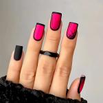 Halloween Press on Nails Medium Square Matte Fake Nails Pink False Nails With Black Spider Web