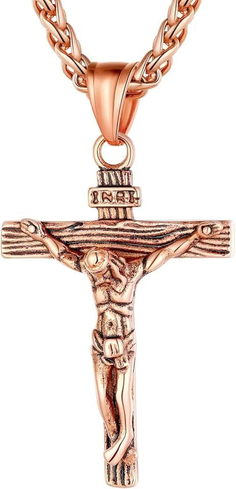 U7 Men Crucifix Cross Pendant with Chain Baptism Christian Jewelry Stainless Steel/18K Gold Antique