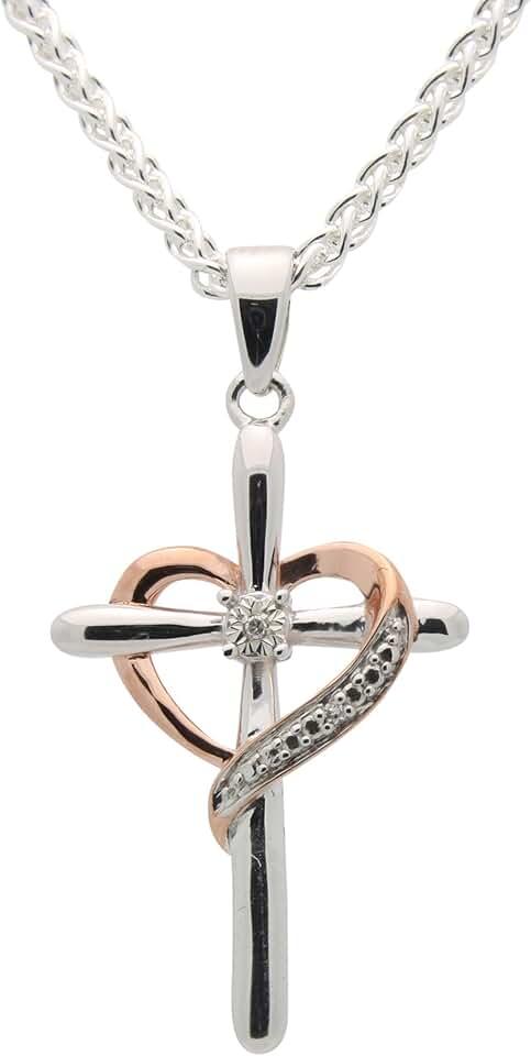 All Patron Saints Heart Shaped Diamond Cross Necklace For Women - 925 Sterling Silver Cross