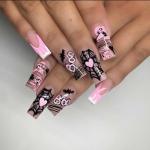 24 Pcs Halloween Spuare Press on Nails Long Coffin - SHANRUN Pink French Fake Nails Press ons Nail