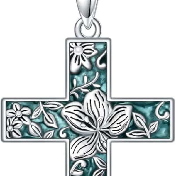 Turquoise Cross Necklace for Women 925 Sterling Silver 12 Month Birth Flower Cross Pendant