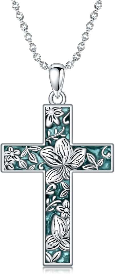 Turquoise Cross Necklace for Women 925 Sterling Silver 12 Month Birth Flower Cross Pendant