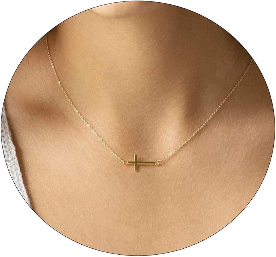 CAROVO Dainty Cross Pendant Necklaces for Women 14K Gold Plated Cute Faith Cross Necklace Sideways