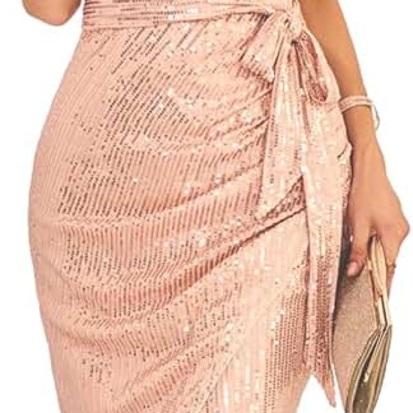 Women Sleeveless One Shoulder Sequin Dress Sparkly Glitter Wrap Dress Cocktail Wedding Maxi Dresses with Slit