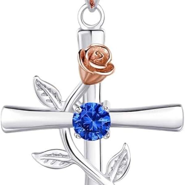 BlingGem Cross Necklace for Women 925 Sterling Silver Birthstone Necklace Rose Cross Pendant 5A