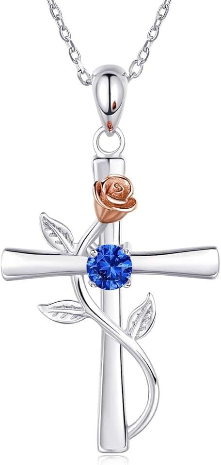 BlingGem Cross Necklace for Women 925 Sterling Silver Birthstone Necklace Rose Cross Pendant 5A