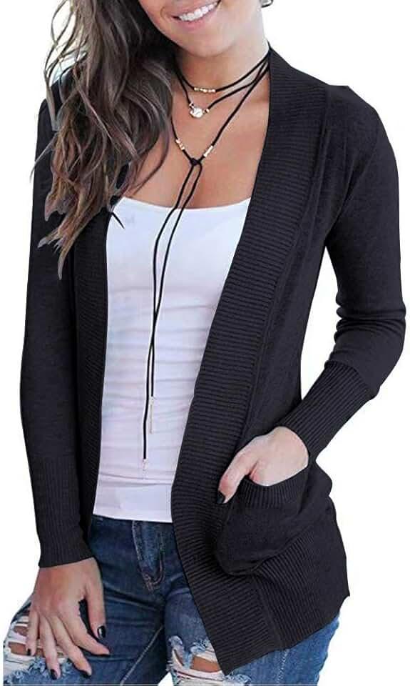 VOIANLIMO Women's Open Front Casual Long Sleeve Knit Classic Sweaters Cardigan with Pockets