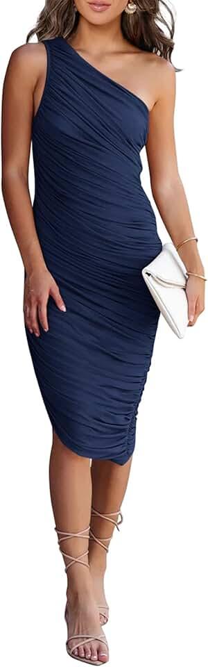 Women's Ruched Bodycon Dress 2024 Summer One Shoulder Sleeveless Party Cocktail Pencil Dresses