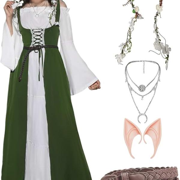 Women Renaissance Medieval Dress Costume, Adult Lace Up Fairy Dress Halloween Victorian White Green