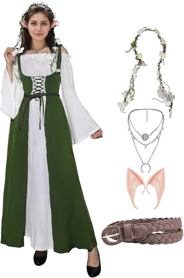 Women Renaissance Medieval Dress Costume, Adult Lace Up Fairy Dress Halloween Victorian White Green