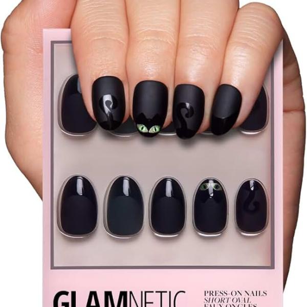 Glamnetic Press On Nails - Nine Lives | Opaque Matte Black Glossy Tip Cat Graphic Short Oval False