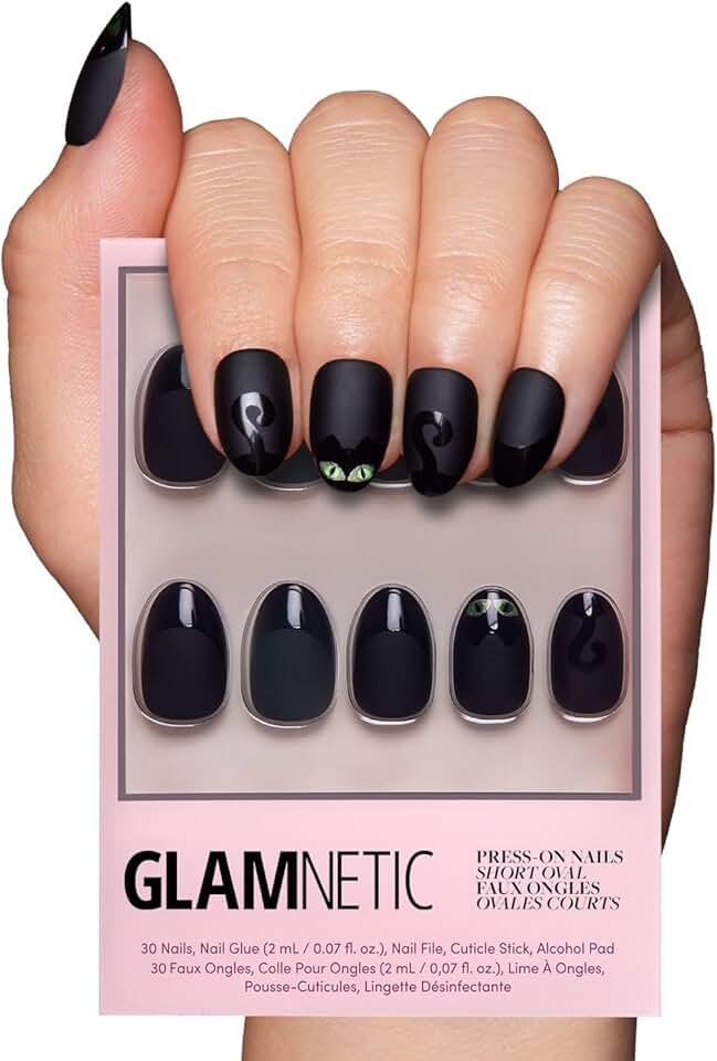 Glamnetic Press On Nails - Nine Lives | Opaque Matte Black Glossy Tip Cat Graphic Short Oval False