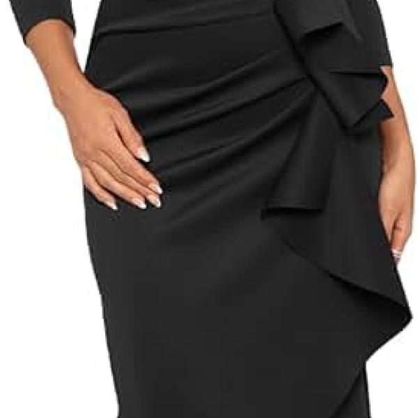 Women's Long 3/4 Sleeve V-Neck Side Ruched Gown (Reg and Petite)