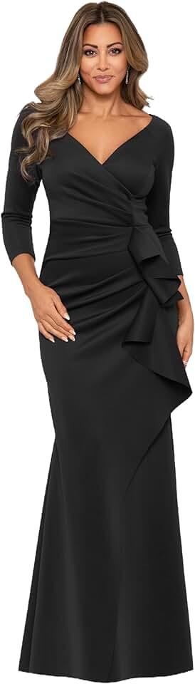 Women's Long 3/4 Sleeve V-Neck Side Ruched Gown (Reg and Petite)