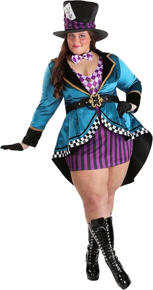 Plus Size Mad Hatter Costume for Women – Adult Mad Hatter Wonderland Dress, Hat & Bowtie -