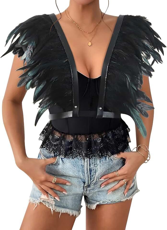 Gothic Witch Wizard Feather Shrug Cape Shoulder Wrap Men Women Halloween Cosplay Party Carnival