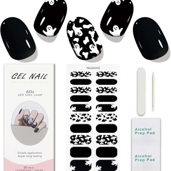 JMEOWIO Gel Nail Stickers Halloween Black White Cute Ghost Semi Cured Gel Nail Strips Wraps UV/LED