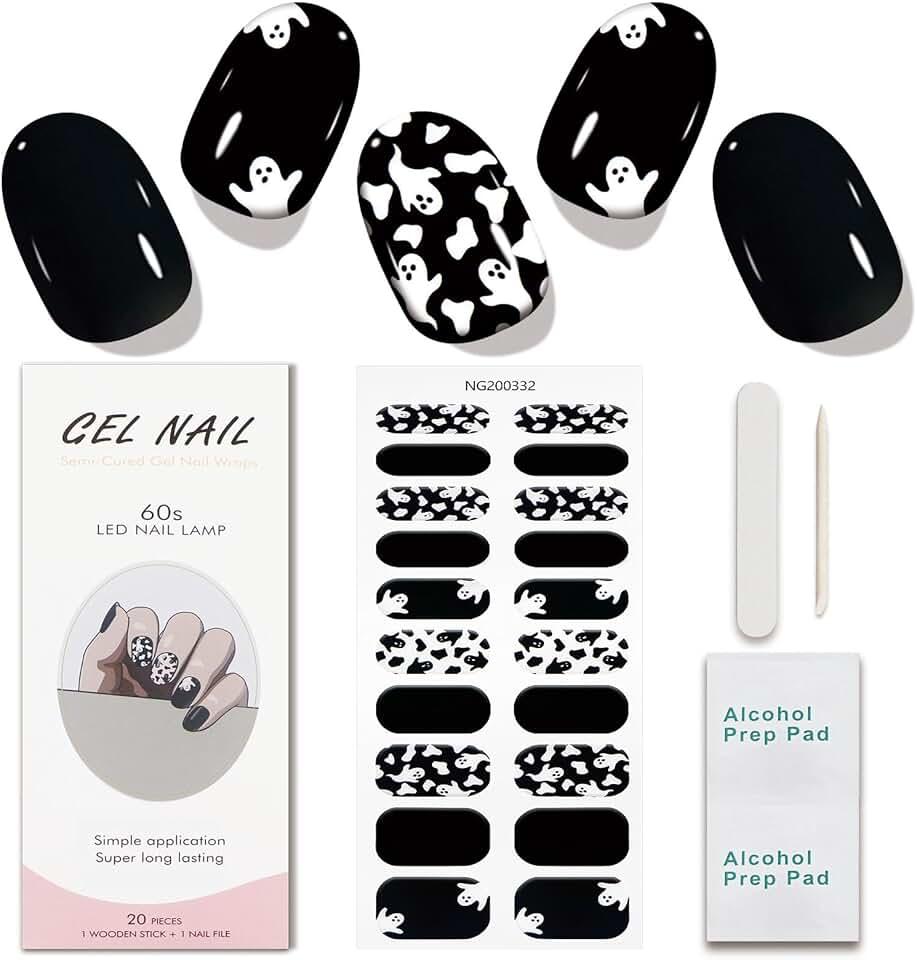 JMEOWIO Gel Nail Stickers Halloween Black White Cute Ghost Semi Cured Gel Nail Strips Wraps UV/LED