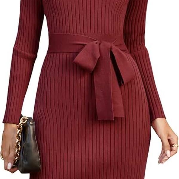 Newshows Womens 2024 Fall Sweater Dress Long Sleeve V Neck Business Casual Outfits Winter Fashion A-Line Belted Dresses