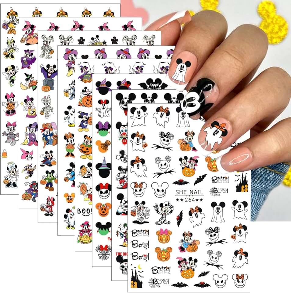 8 Sheets Halloween Nail Art Stickers Cute Cartoon Nail Decals 3D Self-Adhesive Nail Art Supplies