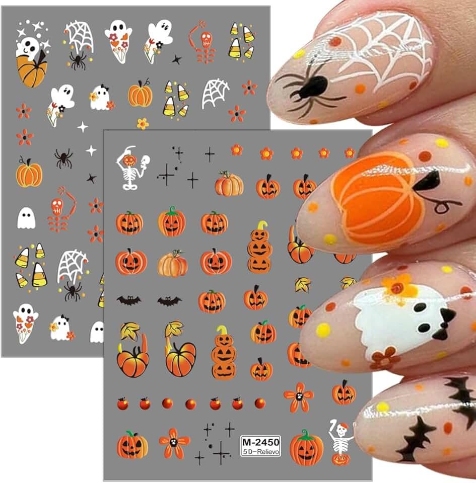 5 Sheets Ghost Nail Art Stickers - Halloween Nail Decals 5D Embossed Pumpkin Flower Bat Skull