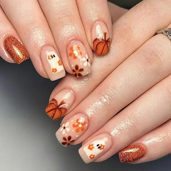 Halloween Press on Nails Short Square Fake Nails Cute Ghost Flower Pumpkin Designs Glitter Fall